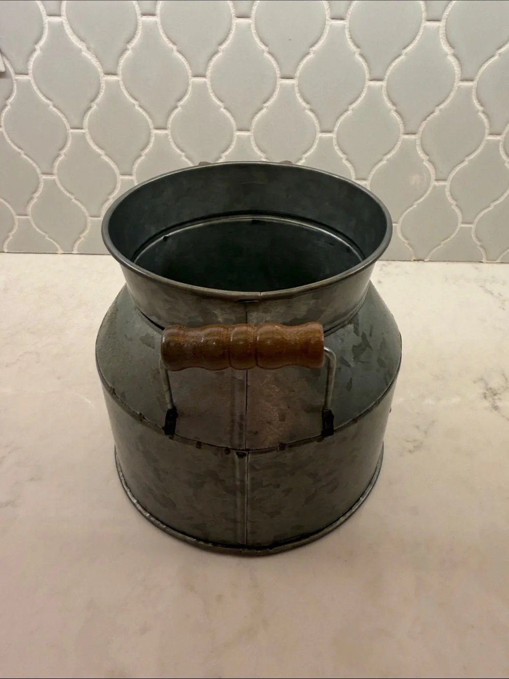 Galvanized Metal Milk Can with Wooden Handles - Silver Vase Bucket